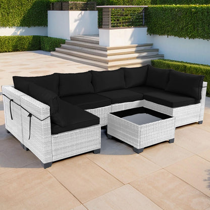 LEVELEVE 7 Pieces Outdoor Patio Furniture Sets,Rattan Conversation Sectional Set,Manual Weaving Wicker Patio Sofa with Tea Table