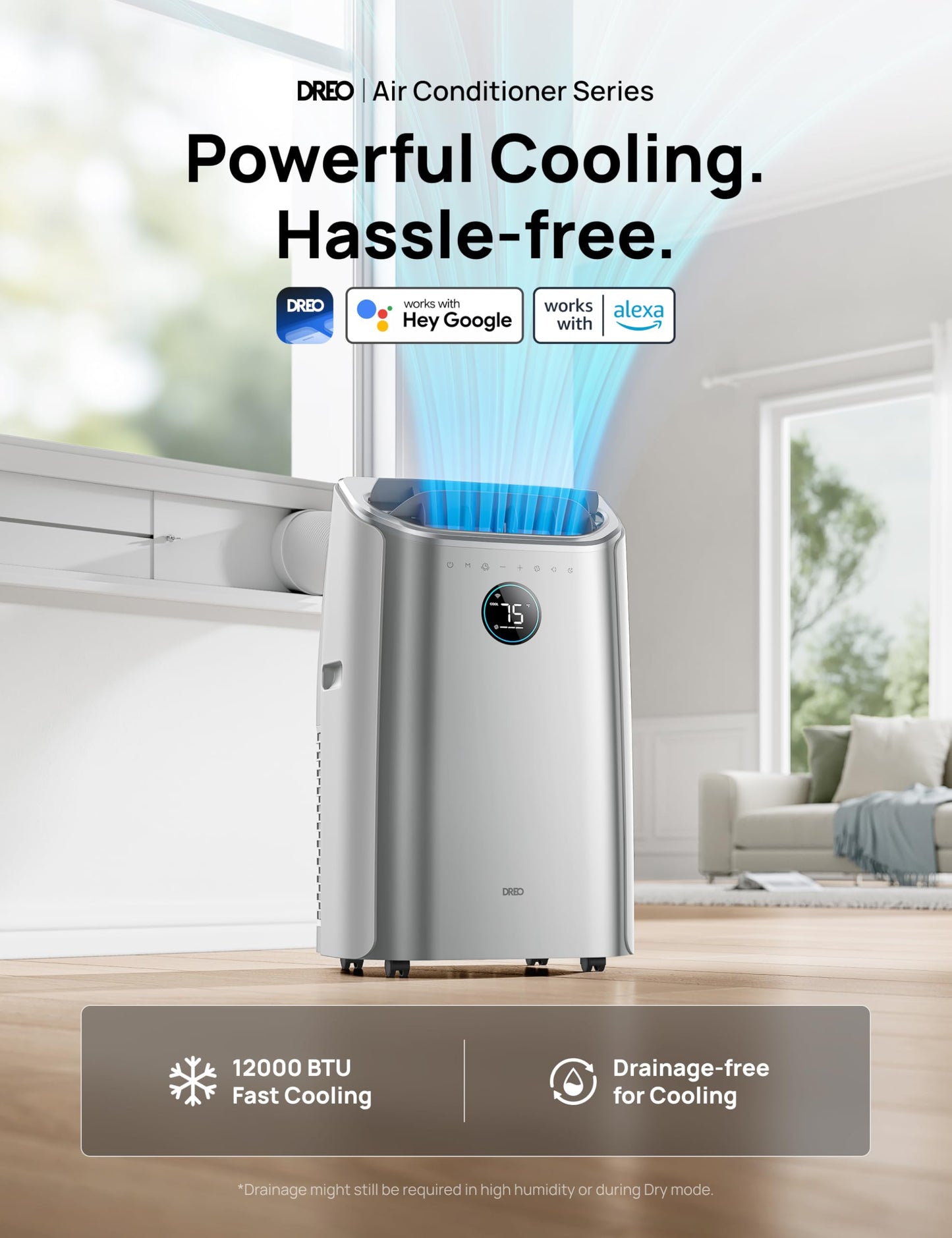 Dreo Portable Air Conditioners, 12,000 BTU AC Unit for Bedroom with Drainage-free Cooling, 46dB Quiet, APP/Voice/Remote, 24h Timer with Fan & Dehumidifier, Smart Air Conditioner for Room Indoors