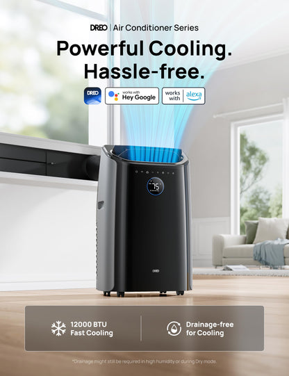 Dreo Portable Air Conditioners, 12,000 BTU AC Unit for Bedroom with Drainage-free Cooling, 46dB Quiet, APP/Voice/Remote, 24h Timer with Fan & Dehumidifier, Smart Air Conditioner for Room Indoors