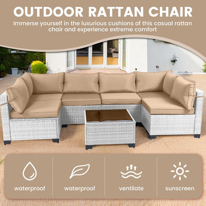 LEVELEVE 7 Pieces Outdoor Patio Furniture Sets,Rattan Conversation Sectional Set,Manual Weaving Wicker Patio Sofa with Tea Table
