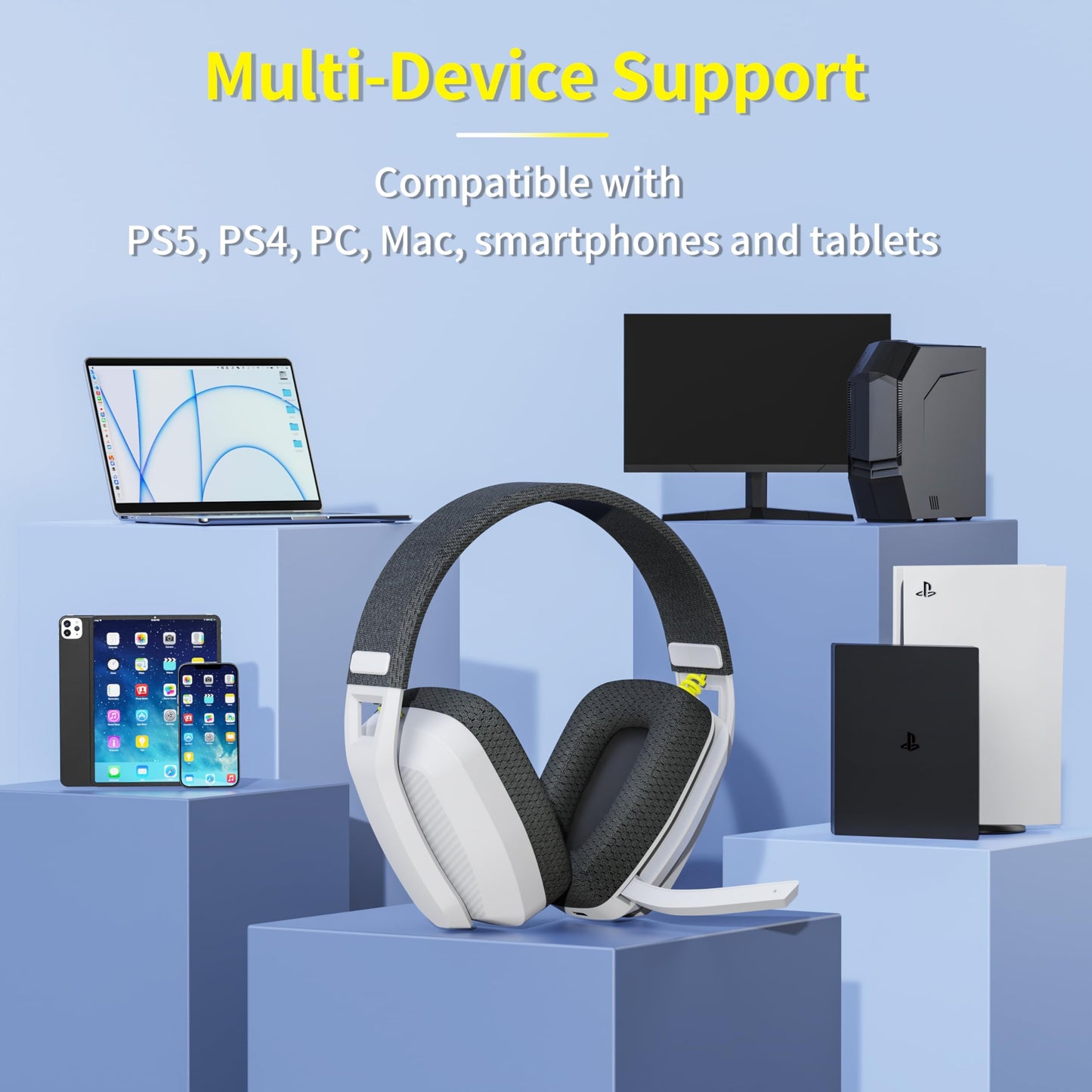 BINNUNE Wireless Gaming Headset with Mic for PS5, PS4, PC, Mac, Wireless Headphones, 2.4GHz Bluetooth Gaming Headset, Headsets with Flip Mic for Laptop Computer, Black