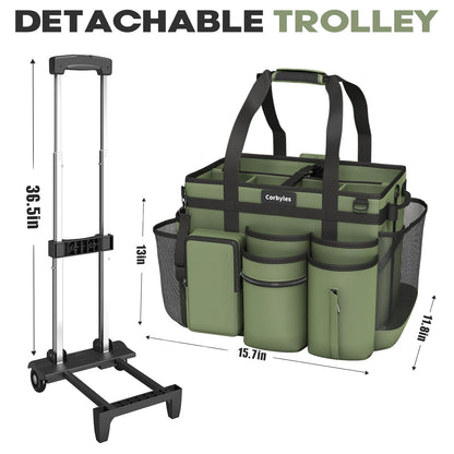 Rolling Cleaning Caddy Bag with Detachable Trolley, Cleaning Supplies Organizer Cart on Wheels, Cleaning Supply Caddy for Housekeepers, Large Professional Detailing Bag Tote for Home, Car (Pink)