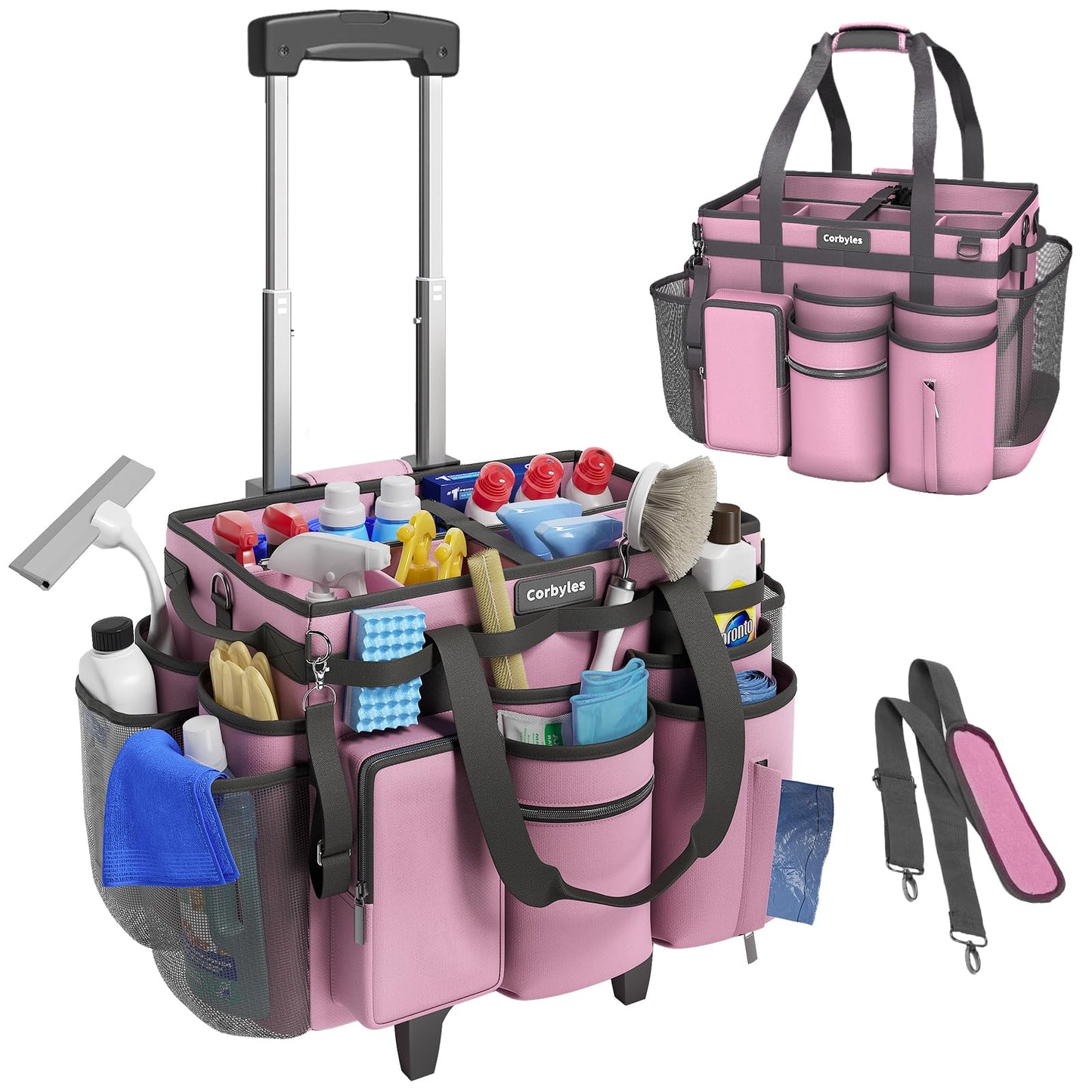 Rolling Cleaning Caddy Bag with Detachable Trolley, Cleaning Supplies Organizer Cart on Wheels, Cleaning Supply Caddy for Housekeepers, Large Professional Detailing Bag Tote for Home, Car (Pink)
