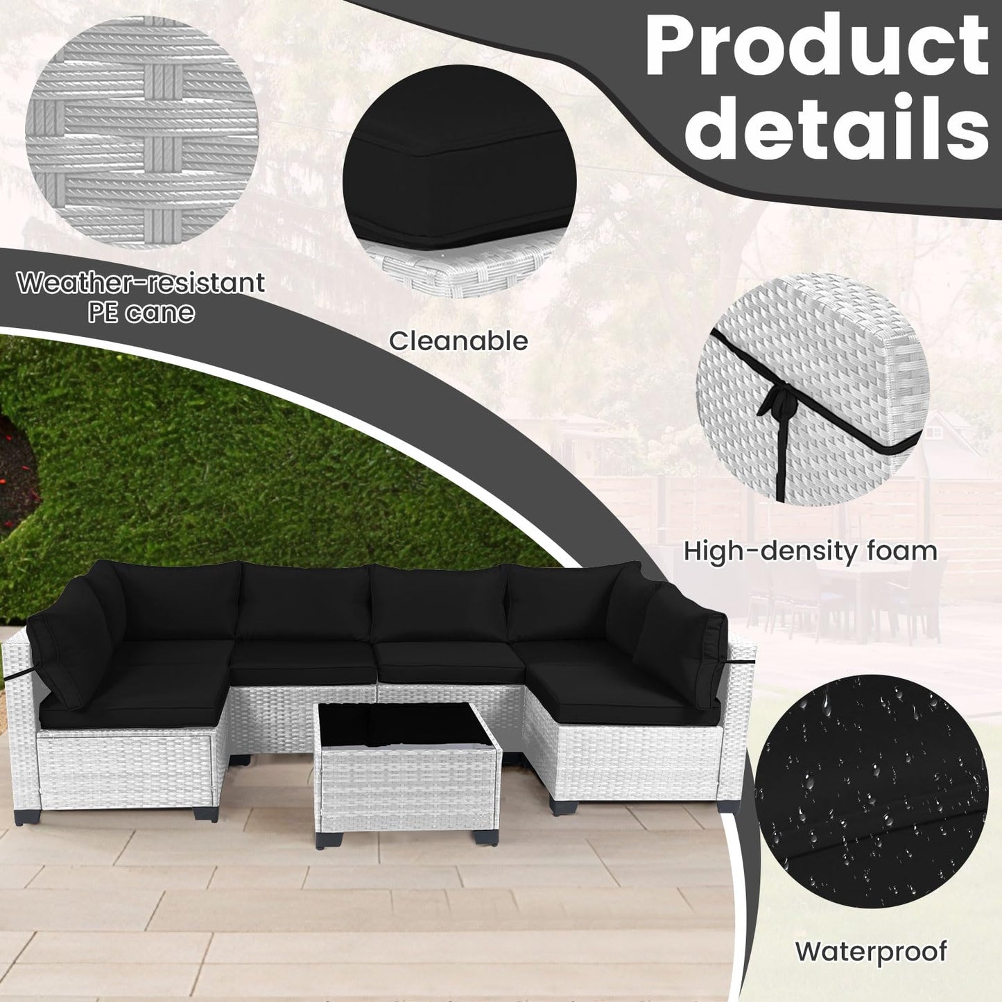 LEVELEVE 7 Pieces Outdoor Patio Furniture Sets,Rattan Conversation Sectional Set,Manual Weaving Wicker Patio Sofa with Tea Table