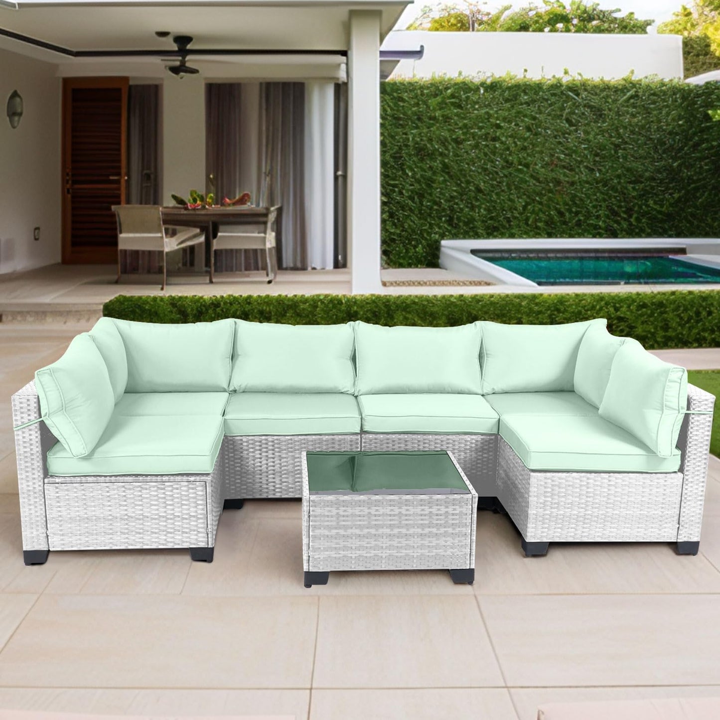 LEVELEVE 7 Pieces Outdoor Patio Furniture Sets,Rattan Conversation Sectional Set,Manual Weaving Wicker Patio Sofa with Tea Table