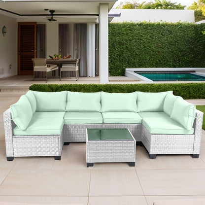 LEVELEVE 7 Pieces Outdoor Patio Furniture Sets,Rattan Conversation Sectional Set,Manual Weaving Wicker Patio Sofa with Tea Table