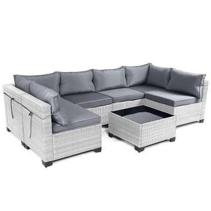 LEVELEVE 7 Pieces Outdoor Patio Furniture Sets,Rattan Conversation Sectional Set,Manual Weaving Wicker Patio Sofa with Tea Table