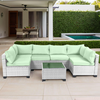 LEVELEVE 7 Pieces Outdoor Patio Furniture Sets,Rattan Conversation Sectional Set,Manual Weaving Wicker Patio Sofa with Tea Table