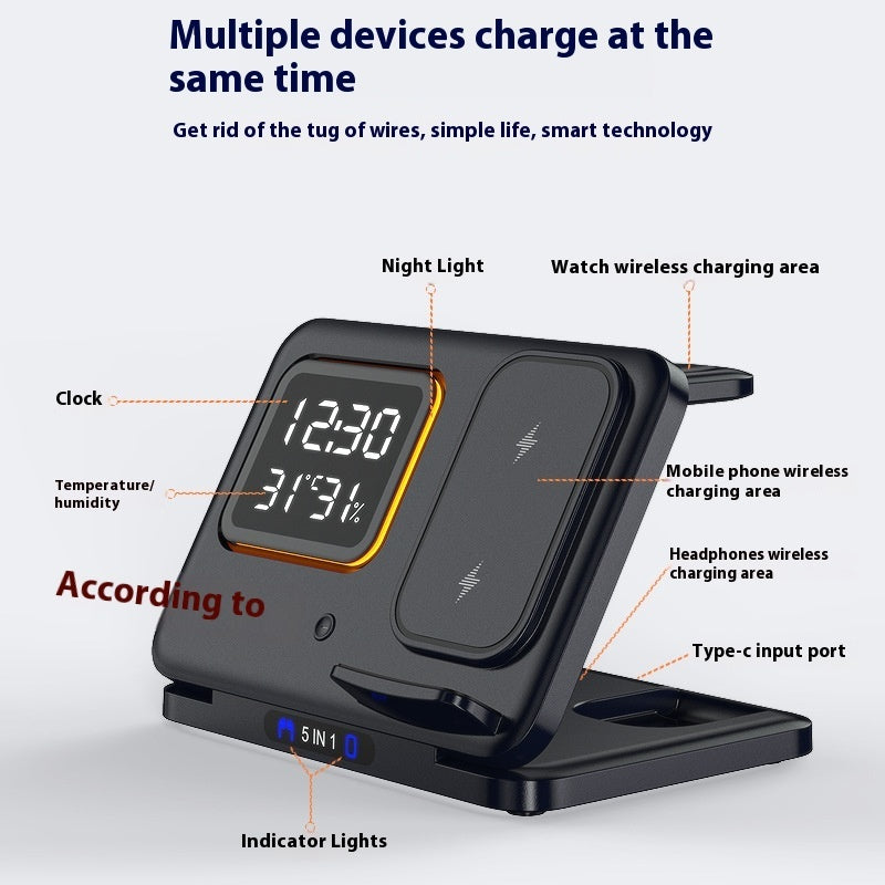 5-in-1 Fast Wireless Charging Dock Station & LED Digital Alarm Clock (15W)