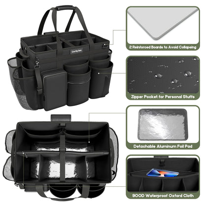 Rolling Cleaning Caddy Bag with Detachable Trolley, Cleaning Supplies Organizer Cart on Wheels, Cleaning Supply Caddy for Housekeepers, Large Professional Detailing Bag Tote for Home, Car (Pink)