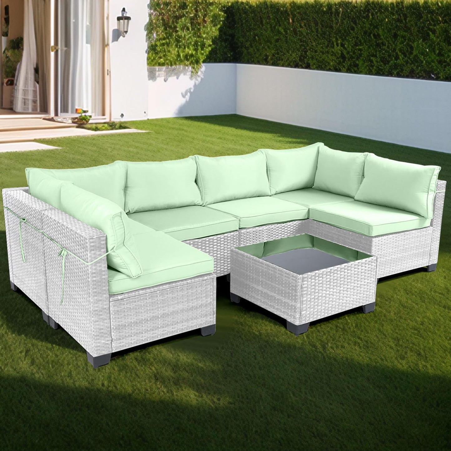 LEVELEVE 7 Pieces Outdoor Patio Furniture Sets,Rattan Conversation Sectional Set,Manual Weaving Wicker Patio Sofa with Tea Table