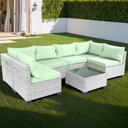 LEVELEVE 7 Pieces Outdoor Patio Furniture Sets,Rattan Conversation Sectional Set,Manual Weaving Wicker Patio Sofa with Tea Table