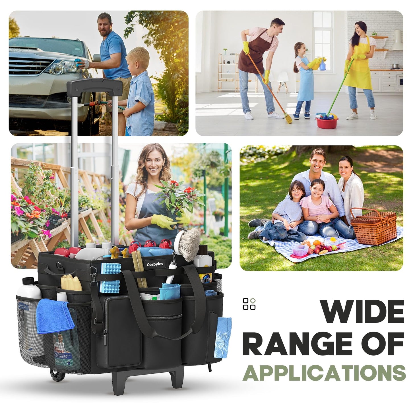 Rolling Cleaning Caddy Bag with Detachable Trolley, Cleaning Supplies Organizer Cart on Wheels, Cleaning Supply Caddy for Housekeepers, Large Professional Detailing Bag Tote for Home, Car (Pink)