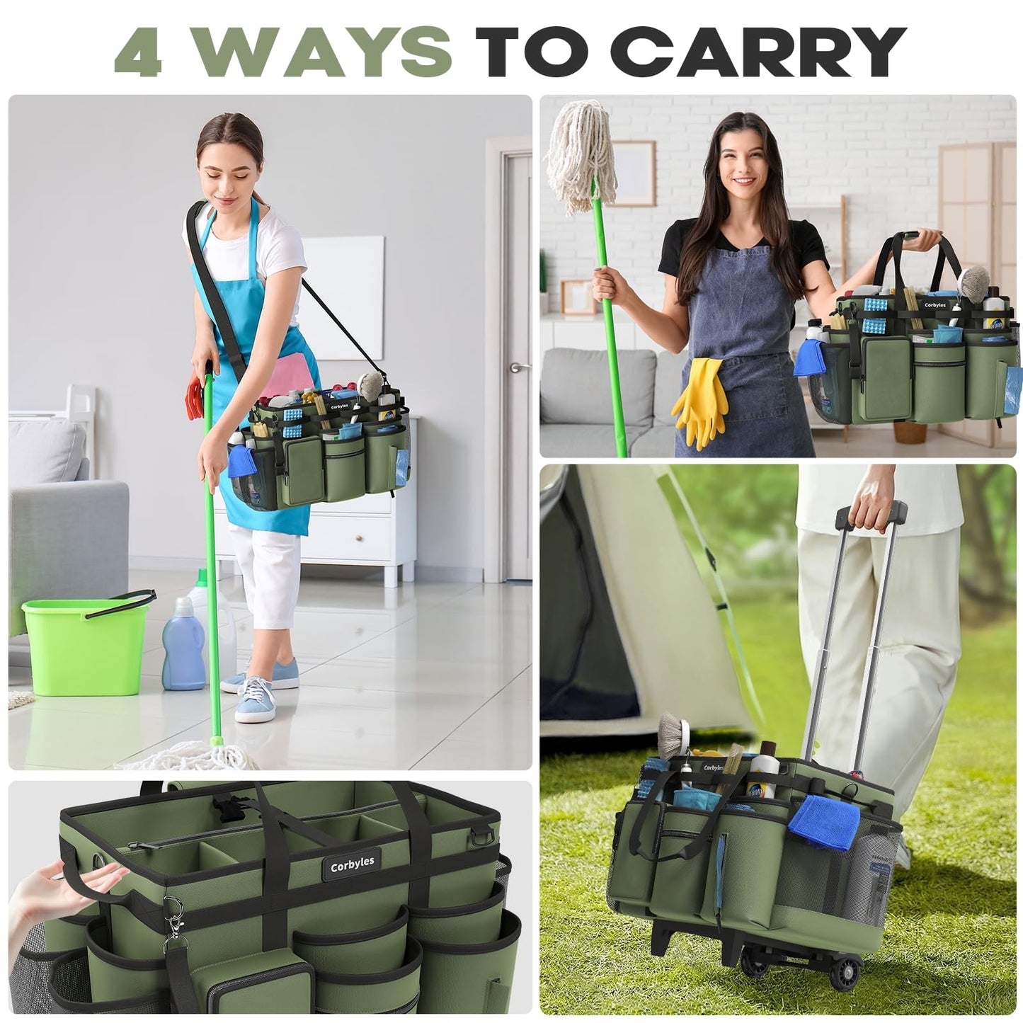 Rolling Cleaning Caddy Bag with Detachable Trolley, Cleaning Supplies Organizer Cart on Wheels, Cleaning Supply Caddy for Housekeepers, Large Professional Detailing Bag Tote for Home, Car (Pink)