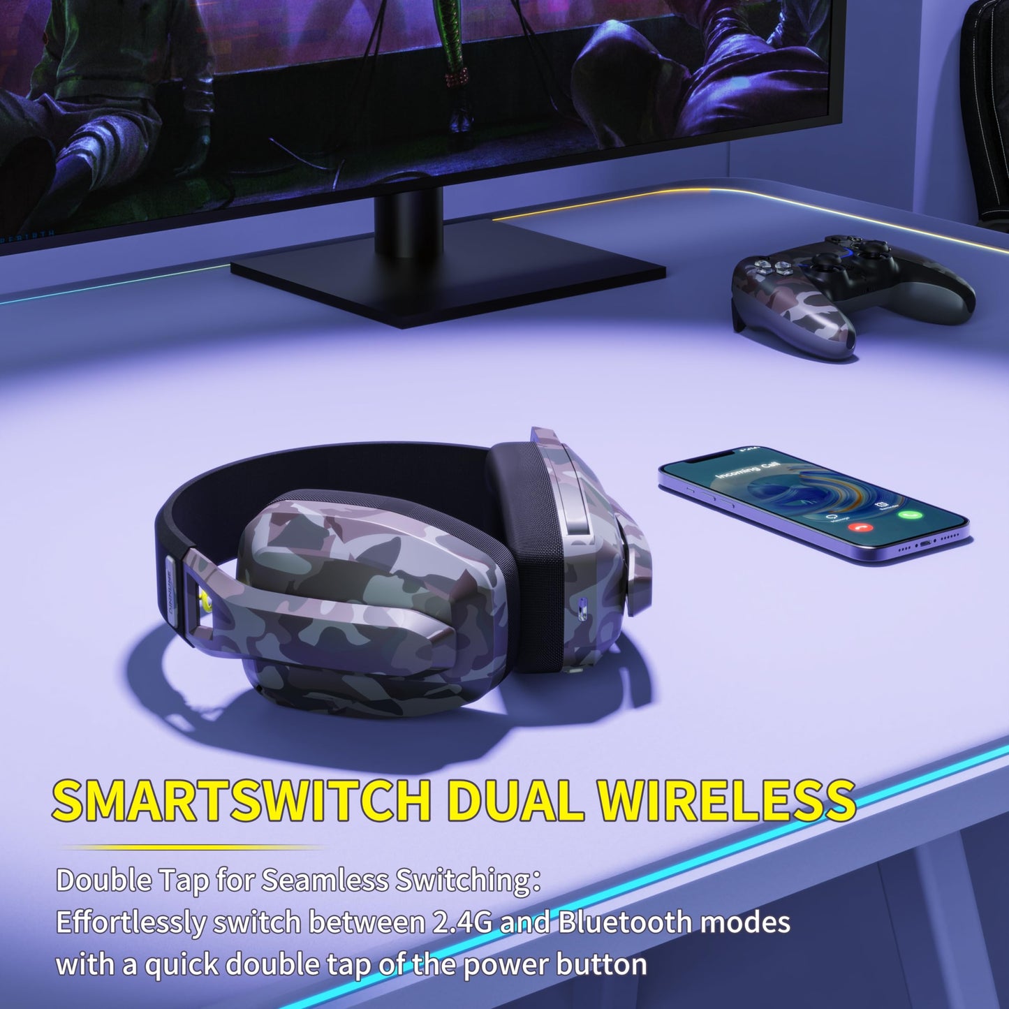 BINNUNE Wireless Gaming Headset with Mic for PS5, PS4, PC, Mac, Wireless Headphones, 2.4GHz Bluetooth Gaming Headset, Headsets with Flip Mic for Laptop Computer, Black