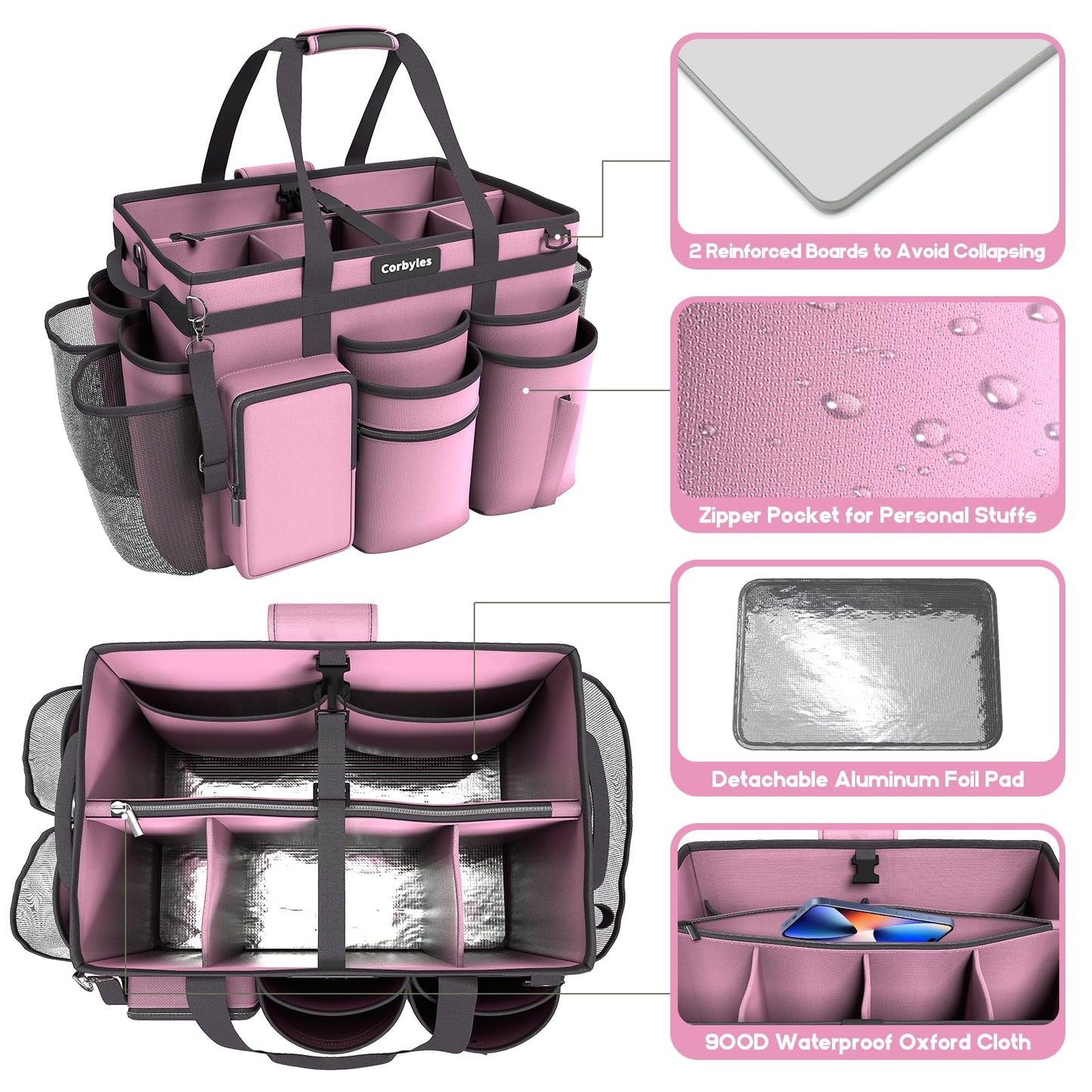 Rolling Cleaning Caddy Bag with Detachable Trolley, Cleaning Supplies Organizer Cart on Wheels, Cleaning Supply Caddy for Housekeepers, Large Professional Detailing Bag Tote for Home, Car (Pink)