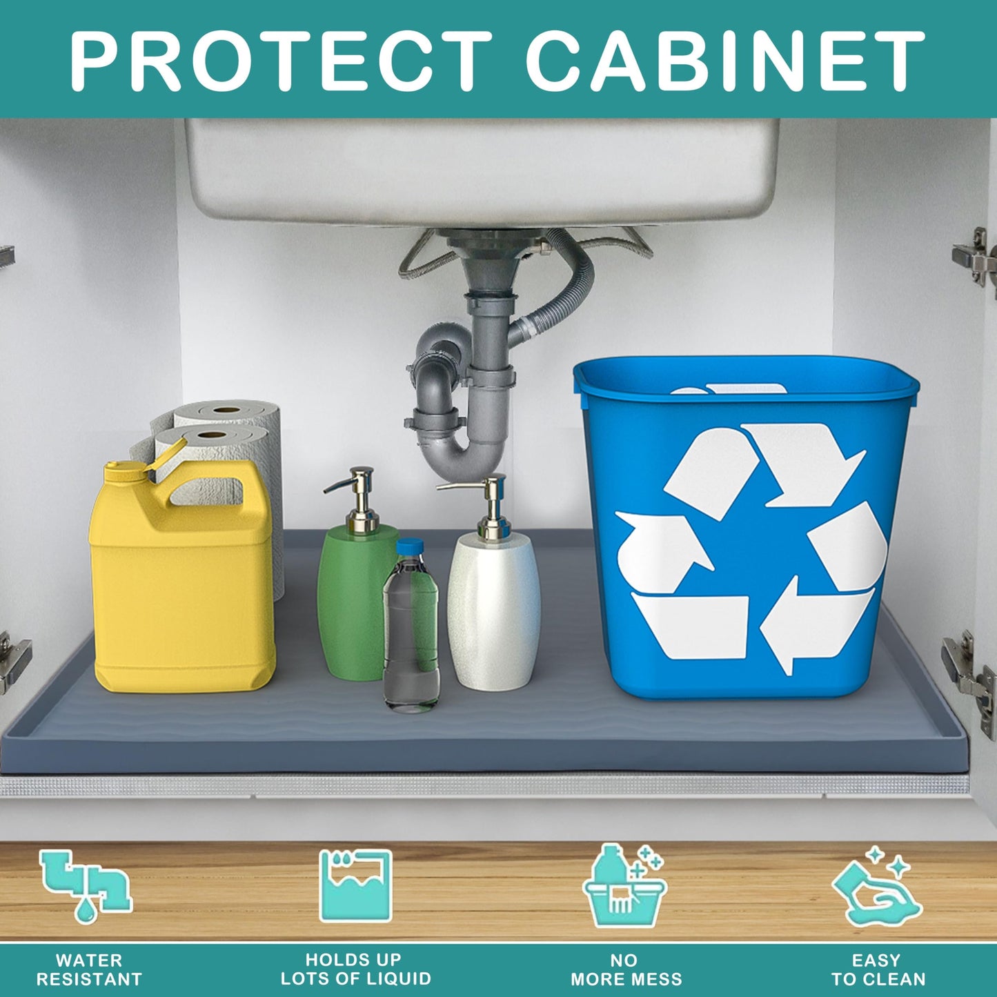 Waterproof Silicone Under Sink Mat 31'' x 22'' Shelf Liner for Kitchen and Bathroom, Cabinet and Counter Protector, Storage and Organizers, Litter Mat, Pet Cat Puppy Essentials(Dark Grey)