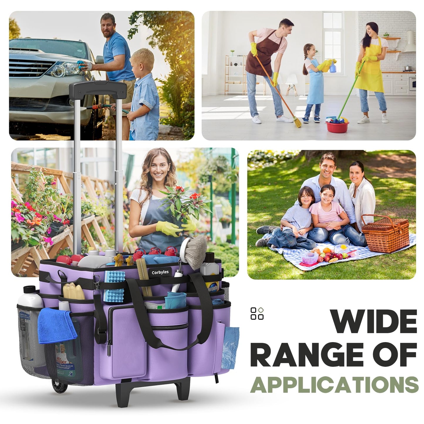 Rolling Cleaning Caddy Bag with Detachable Trolley, Cleaning Supplies Organizer Cart on Wheels, Cleaning Supply Caddy for Housekeepers, Large Professional Detailing Bag Tote for Home, Car (Pink)