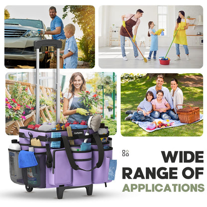 Rolling Cleaning Caddy Bag with Detachable Trolley, Cleaning Supplies Organizer Cart on Wheels, Cleaning Supply Caddy for Housekeepers, Large Professional Detailing Bag Tote for Home, Car (Pink)