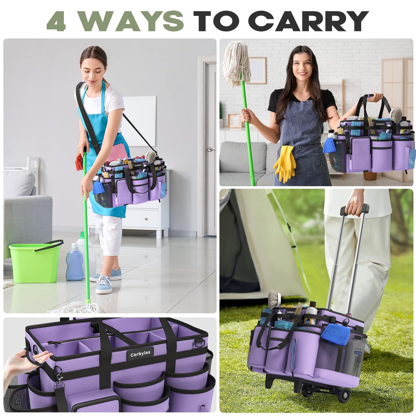 Rolling Cleaning Caddy Bag with Detachable Trolley, Cleaning Supplies Organizer Cart on Wheels, Cleaning Supply Caddy for Housekeepers, Large Professional Detailing Bag Tote for Home, Car (Pink)