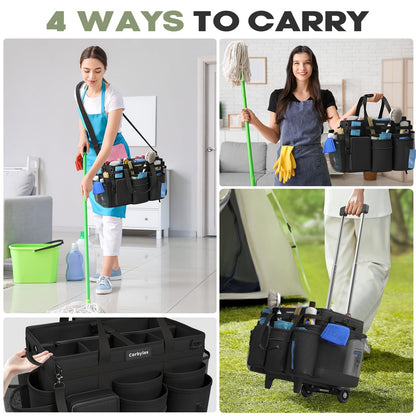 Rolling Cleaning Caddy Bag with Detachable Trolley, Cleaning Supplies Organizer Cart on Wheels, Cleaning Supply Caddy for Housekeepers, Large Professional Detailing Bag Tote for Home, Car (Pink)