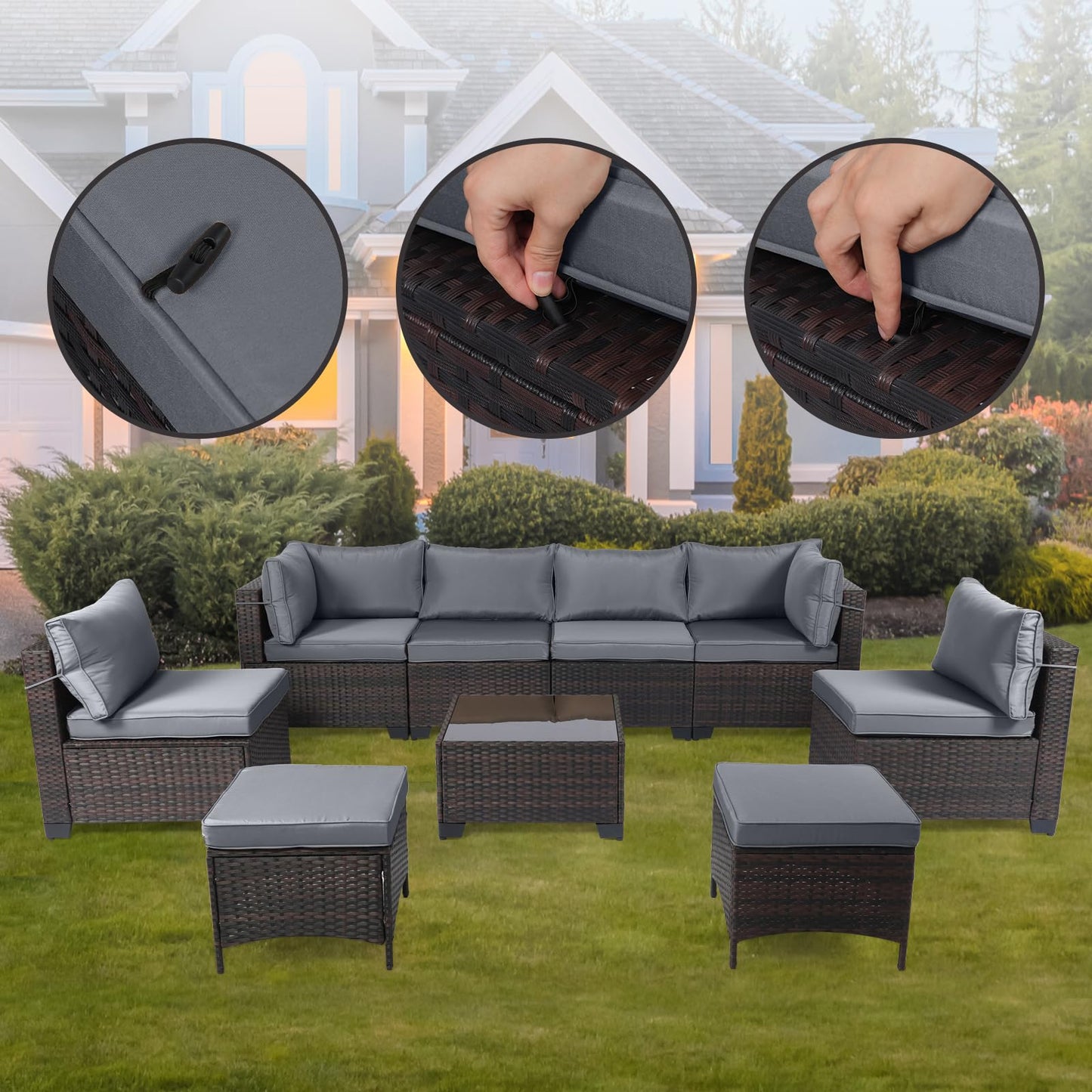 LEVELEVE 7 Pieces Outdoor Patio Furniture Sets,Rattan Conversation Sectional Set,Manual Weaving Wicker Patio Sofa with Tea Table