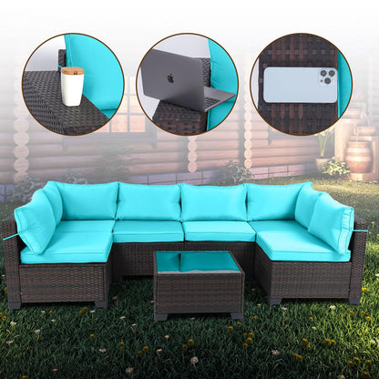 LEVELEVE 7 Pieces Outdoor Patio Furniture Sets,Rattan Conversation Sectional Set,Manual Weaving Wicker Patio Sofa with Tea Table