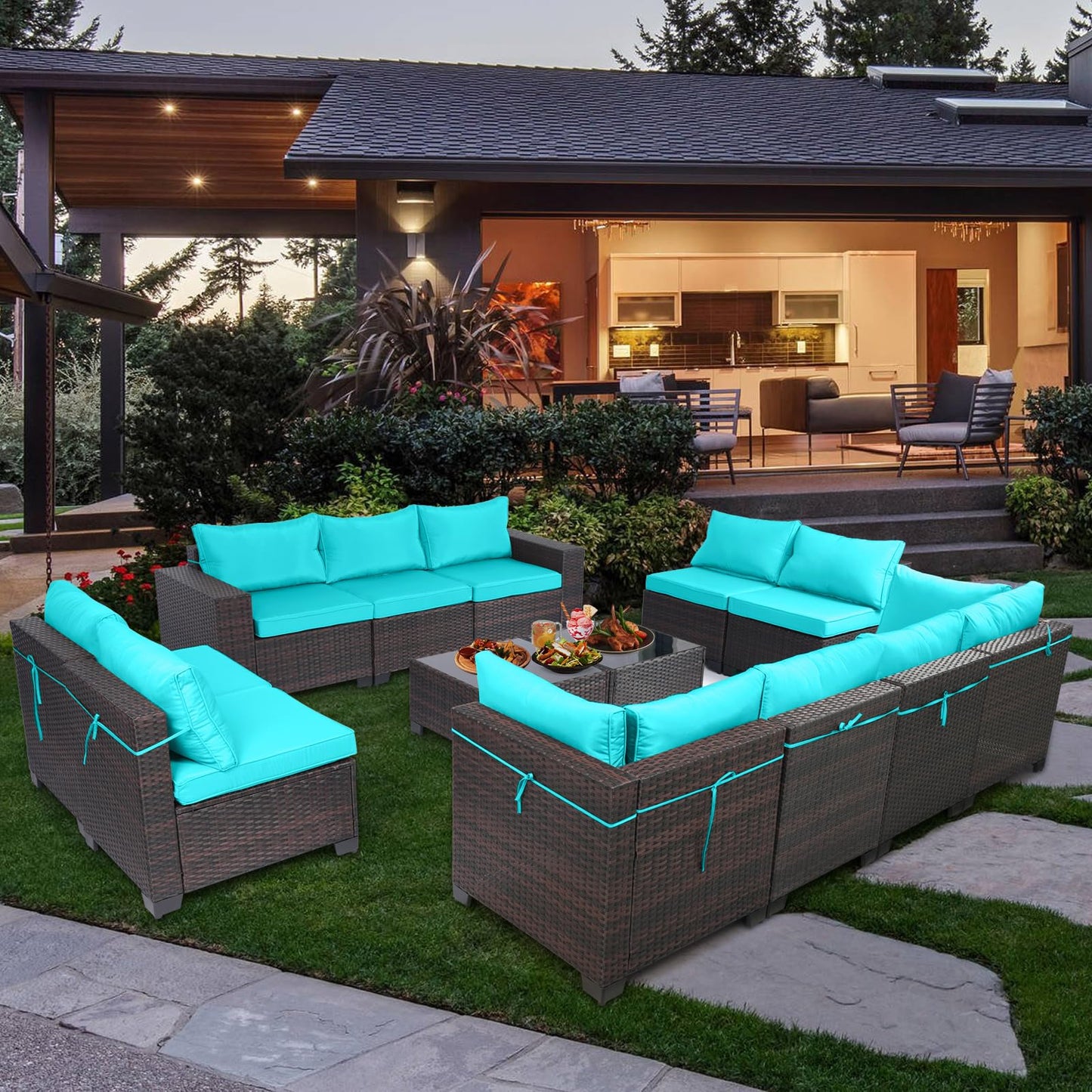 LEVELEVE 7 Pieces Outdoor Patio Furniture Sets,Rattan Conversation Sectional Set,Manual Weaving Wicker Patio Sofa with Tea Table