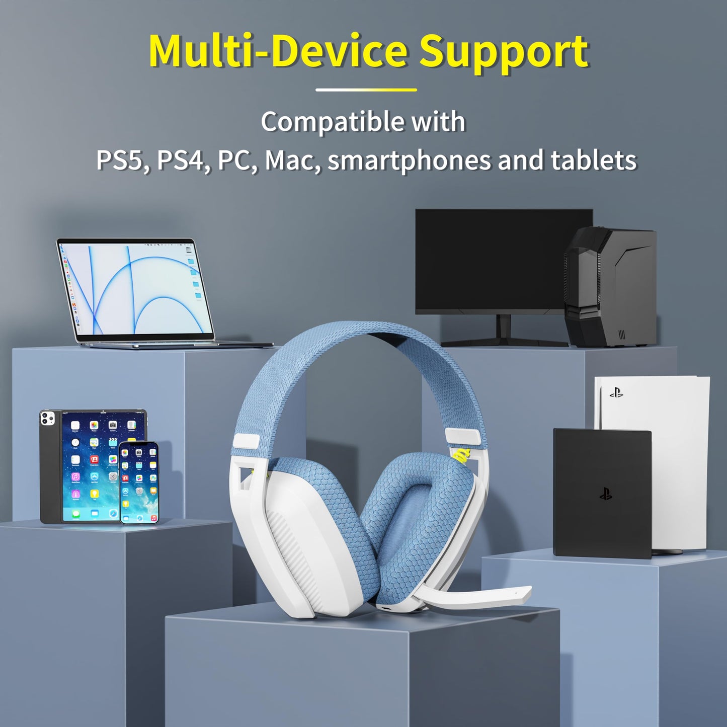 BINNUNE Wireless Gaming Headset with Mic for PS5, PS4, PC, Mac, Wireless Headphones, 2.4GHz Bluetooth Gaming Headset, Headsets with Flip Mic for Laptop Computer, Black