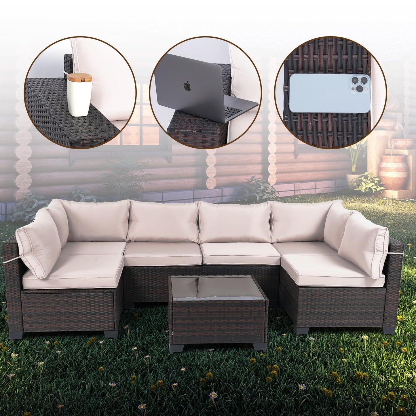 LEVELEVE 7 Pieces Outdoor Patio Furniture Sets,Rattan Conversation Sectional Set,Manual Weaving Wicker Patio Sofa with Tea Table