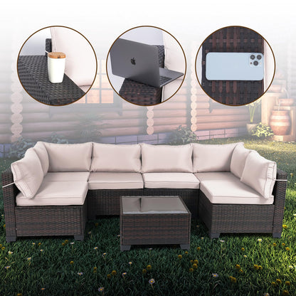 LEVELEVE 7 Pieces Outdoor Patio Furniture Sets,Rattan Conversation Sectional Set,Manual Weaving Wicker Patio Sofa with Tea Table