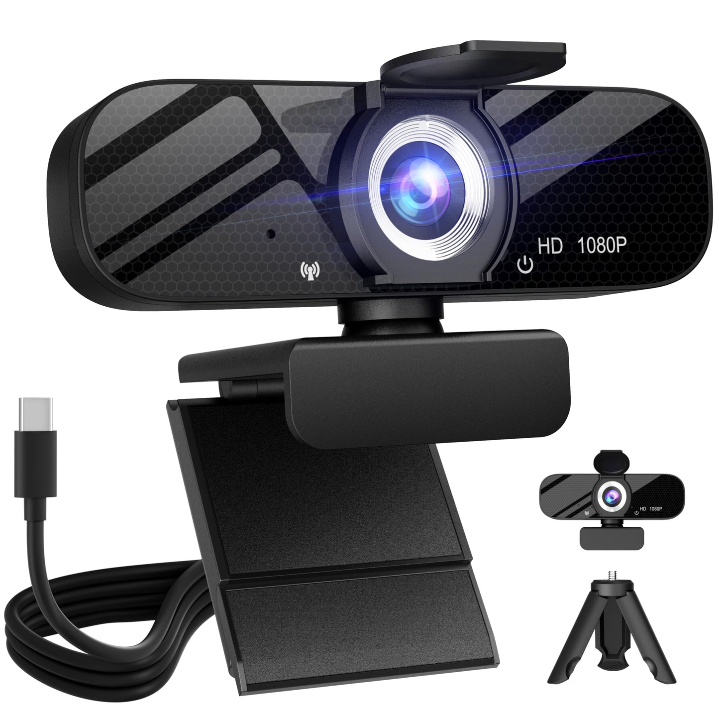 Full HD Webcam with Built-in Microphone and Rotatable Tripod, 1080P Video and Wide Angle Camera, Privacy Cover, for Desktop PC or Laptop Computer