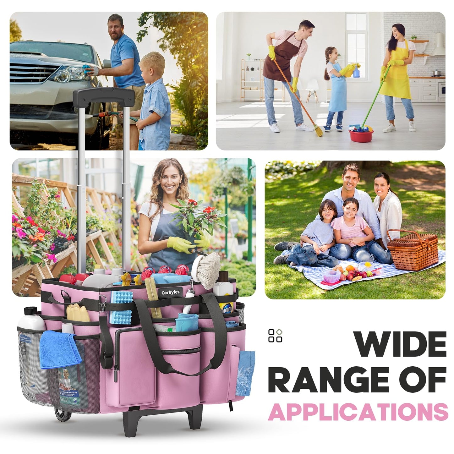 Rolling Cleaning Caddy Bag with Detachable Trolley, Cleaning Supplies Organizer Cart on Wheels, Cleaning Supply Caddy for Housekeepers, Large Professional Detailing Bag Tote for Home, Car (Pink)