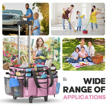 Rolling Cleaning Caddy Bag with Detachable Trolley, Cleaning Supplies Organizer Cart on Wheels, Cleaning Supply Caddy for Housekeepers, Large Professional Detailing Bag Tote for Home, Car (Pink)