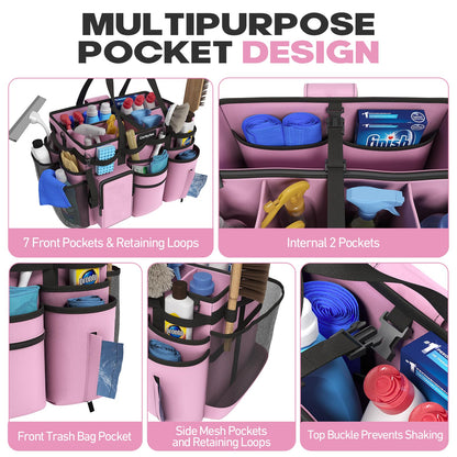 Rolling Cleaning Caddy Bag with Detachable Trolley, Cleaning Supplies Organizer Cart on Wheels, Cleaning Supply Caddy for Housekeepers, Large Professional Detailing Bag Tote for Home, Car (Pink)