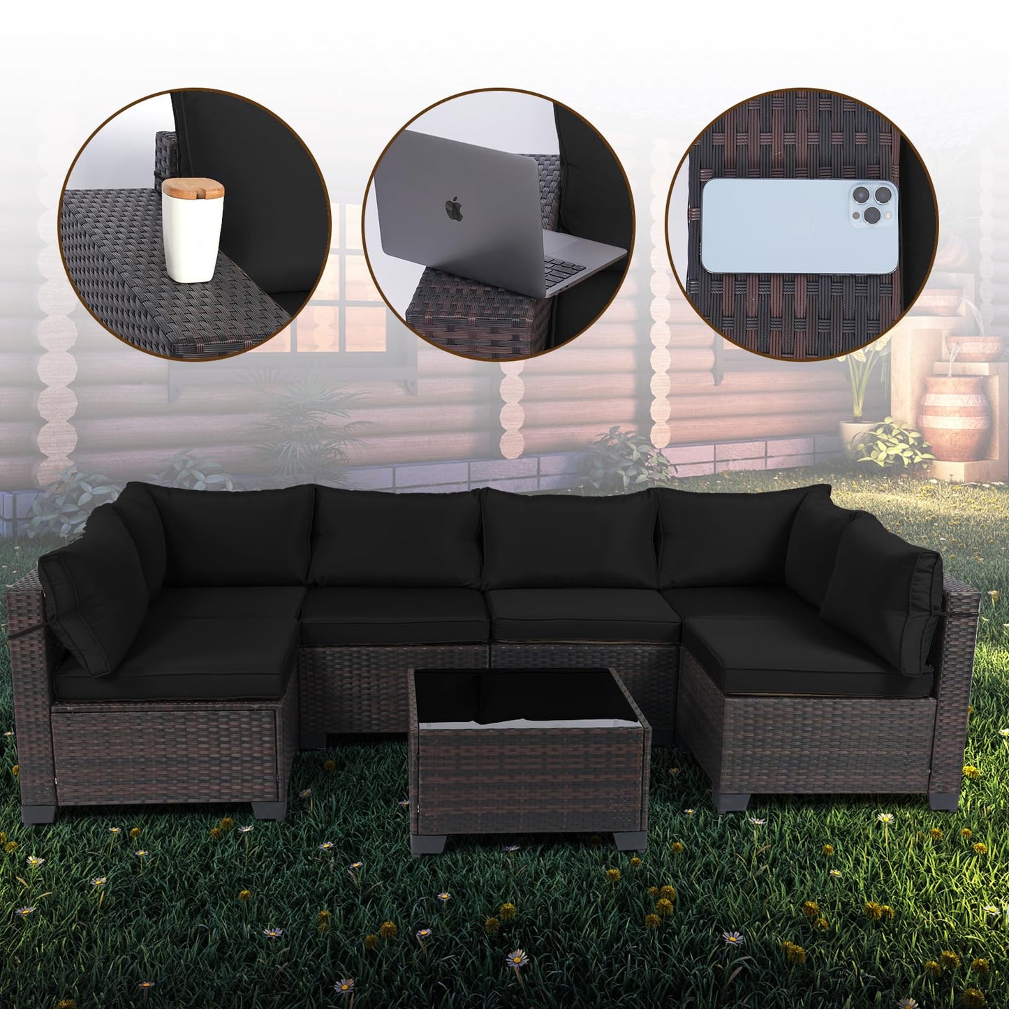 LEVELEVE 7 Pieces Outdoor Patio Furniture Sets,Rattan Conversation Sectional Set,Manual Weaving Wicker Patio Sofa with Tea Table