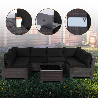 LEVELEVE 7 Pieces Outdoor Patio Furniture Sets,Rattan Conversation Sectional Set,Manual Weaving Wicker Patio Sofa with Tea Table
