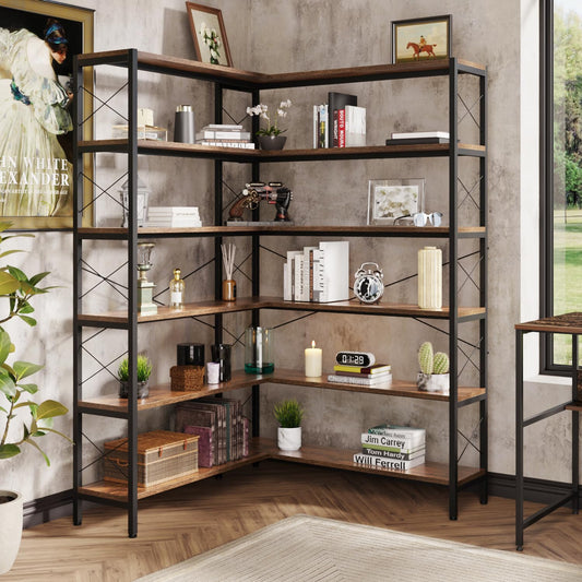 6-Shelf Corner Bookshelf, Vintage Industrial Corner Shelf Etagere Bookcase, Large Book Shelf with Metal Frame Open Storage Corner Cabinet (Brown-Lockers, Large)