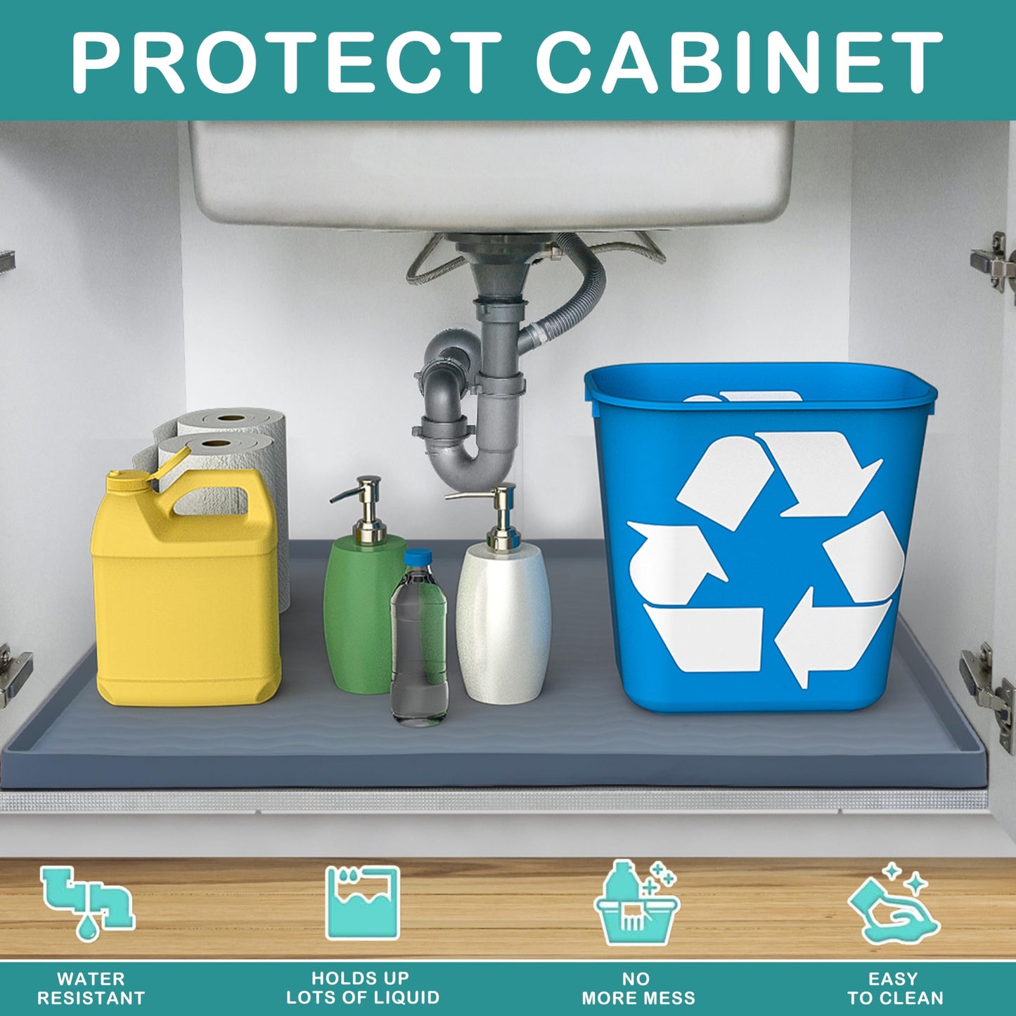 Waterproof Silicone Under Sink Mat 31'' x 22'' Shelf Liner for Kitchen and Bathroom, Cabinet and Counter Protector, Storage and Organizers, Litter Mat, Pet Cat Puppy Essentials(Dark Grey)