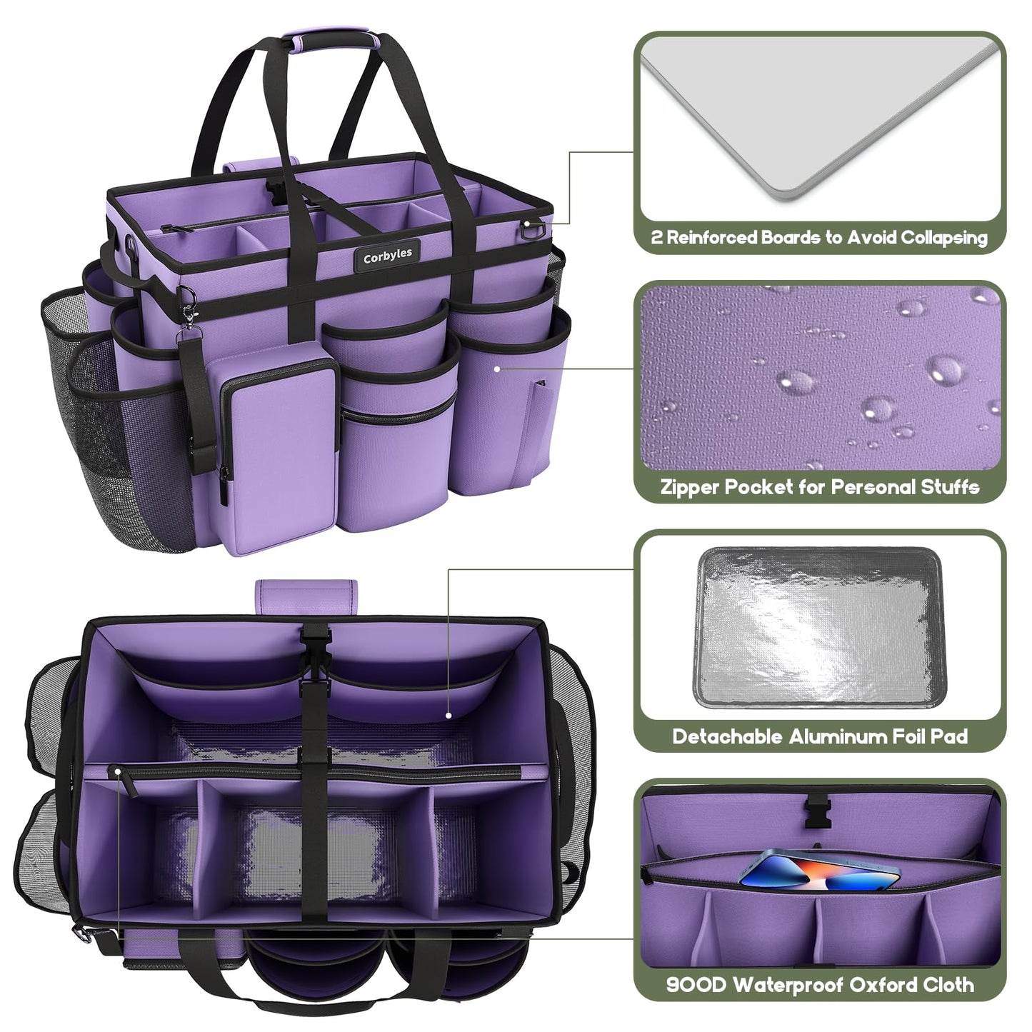 Rolling Cleaning Caddy Bag with Detachable Trolley, Cleaning Supplies Organizer Cart on Wheels, Cleaning Supply Caddy for Housekeepers, Large Professional Detailing Bag Tote for Home, Car (Pink)