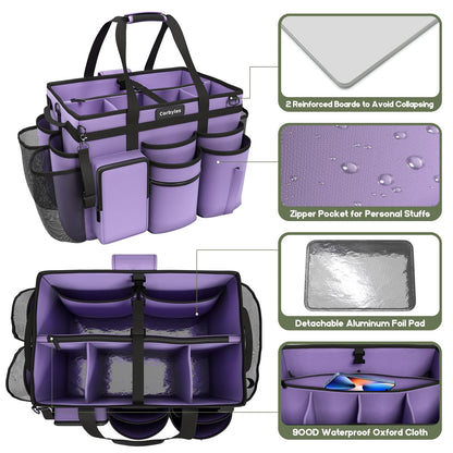 Rolling Cleaning Caddy Bag with Detachable Trolley, Cleaning Supplies Organizer Cart on Wheels, Cleaning Supply Caddy for Housekeepers, Large Professional Detailing Bag Tote for Home, Car (Pink)