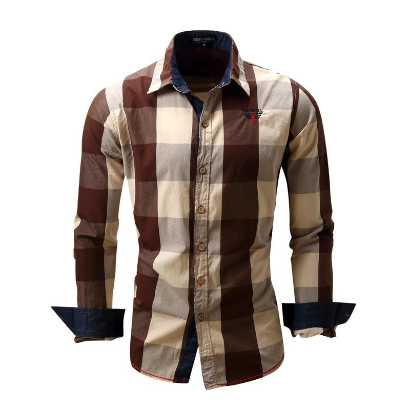 Foreign trade new European and American men's leisure long sleeve shirt plaid patchwork shirt casual fashion shirt