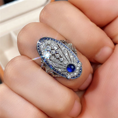 Retro Hollow Style Sapphire Blue Zircon Ring