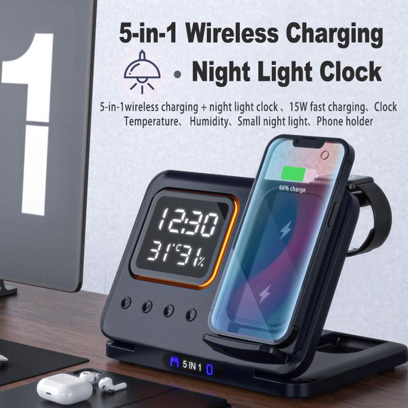 5-in-1 Fast Wireless Charging Dock Station & LED Digital Alarm Clock (15W)