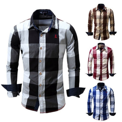 Foreign trade new European and American men's leisure long sleeve shirt plaid patchwork shirt casual fashion shirt