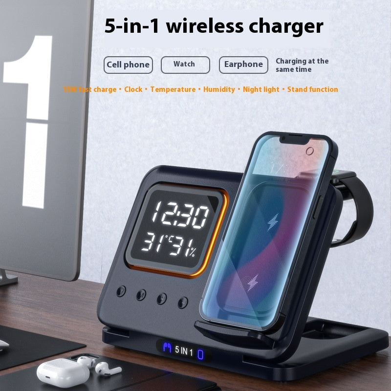5-in-1 Fast Wireless Charging Dock Station & LED Digital Alarm Clock (15W)